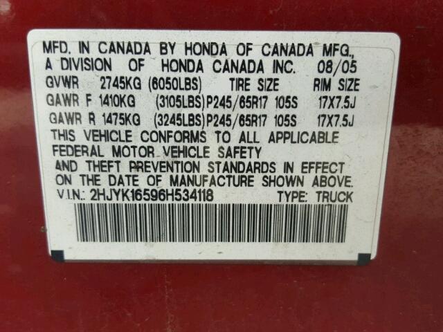 2HJYK16596H534118 - 2006 HONDA RIDGELINE RED photo 10