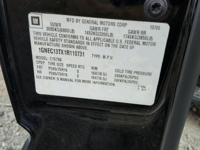 1GNEC13TX1R110731 - 2001 CHEVROLET TAHOE C150 BLACK photo 10