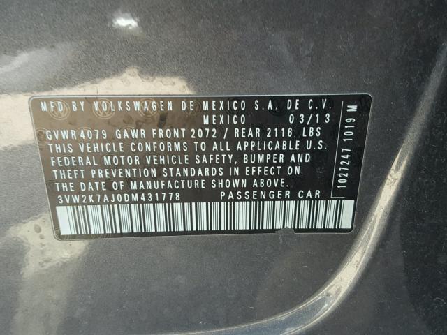 3VW2K7AJ0DM431778 - 2013 VOLKSWAGEN JETTA BASE Մոխրագույն լուսանկար 10