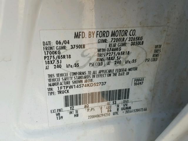 1FTPW14574KD52737 - 2004 FORD F150 SUPER WHITE photo 10