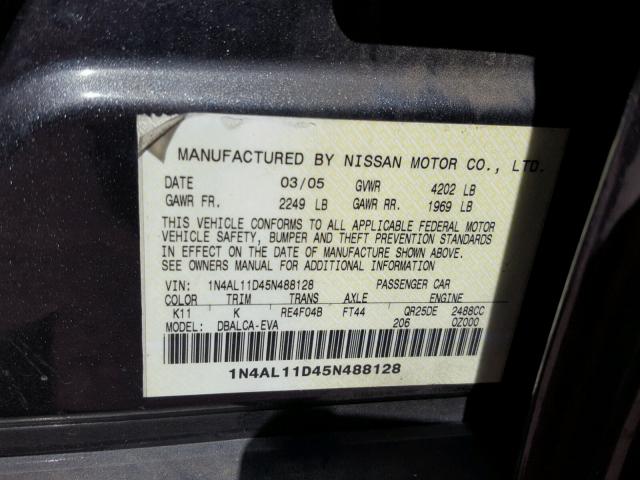 1N4AL11D45N488128 - 2005 NISSAN ALTIMA S GRAY photo 10