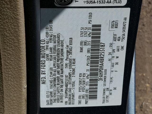 3FAHP0HA4BR255187 - 2011 FORD FUSION SE BLUE photo 10