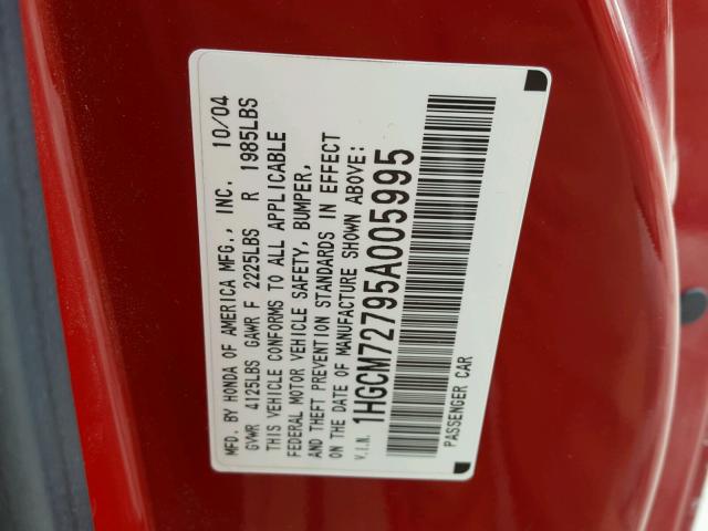 1HGCM72795A005995 - 2005 HONDA ACCORD EX RED photo 10