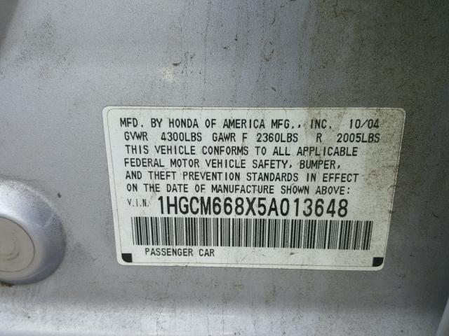 1HGCM668X5A013648 - 2005 HONDA ACCORD EX SILVER photo 10