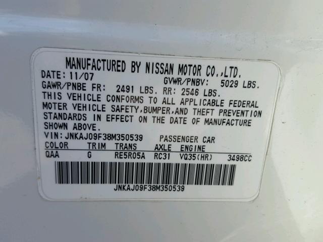 JNKAJ09F38M350539 - 2008 INFINITI EX35 BASE WHITE photo 10