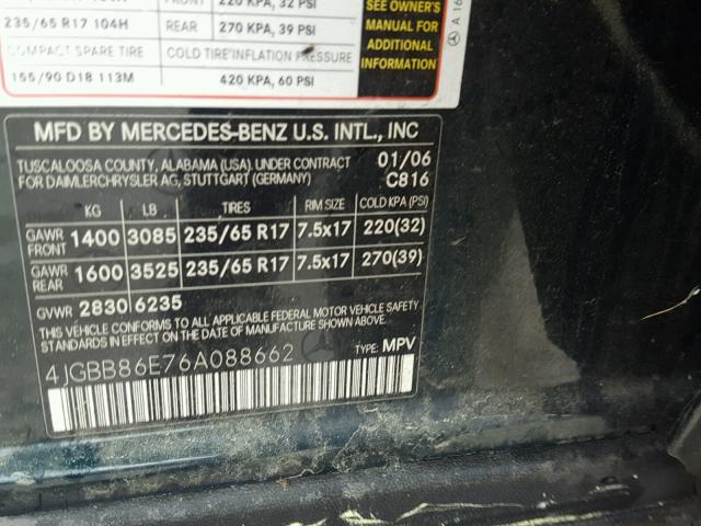 4JGBB86E76A088662 - 2006 MERCEDES-BENZ ML 350 GREEN photo 10