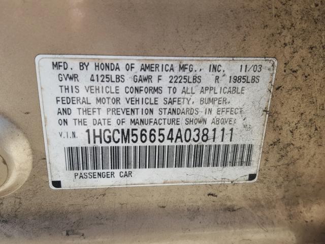 1HGCM56654A038111 - 2004 HONDA ACCORD EX GOLD photo 10