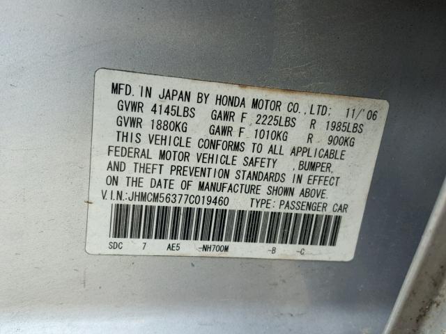 JHMCM56377C019460 - 2007 HONDA ACCORD SE SILVER photo 10