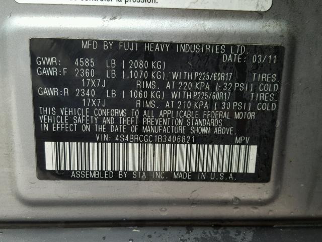 4S4BRCGC1B3406821 - 2011 SUBARU OUTBACK 2. SILVER photo 10