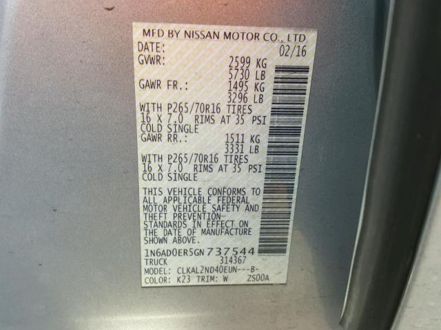 1N6AD0ER5GN737544 - 2016 NISSAN FRONTIER S GRAY photo 10