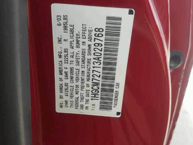 1HGCM72713A029768 - 2003 HONDA ACCORD EX RED photo 10