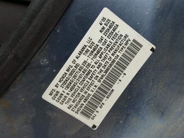 5FNRL38865B088104 - 2005 HONDA ODYSSEY TO BLUE photo 10