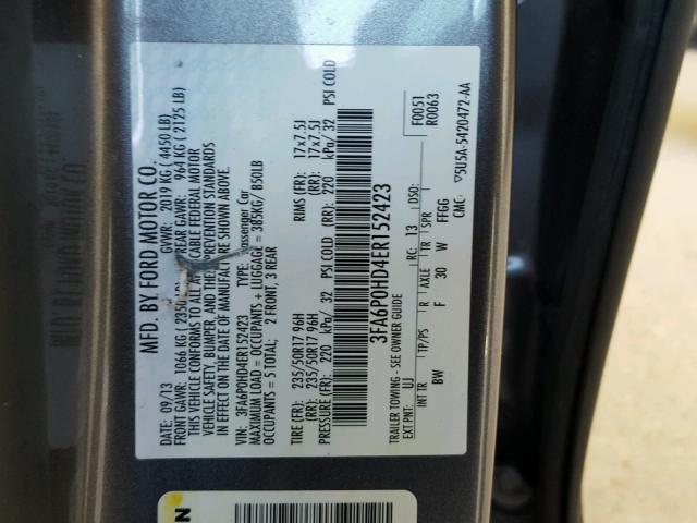 3FA6P0HD4ER152423 - 2014 FORD FUSION SE GRAY photo 10