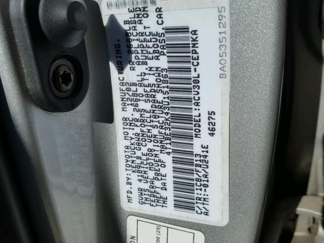 4T1BE32K43U151863 - 2003 TOYOTA CAMRY LE SILVER photo 10