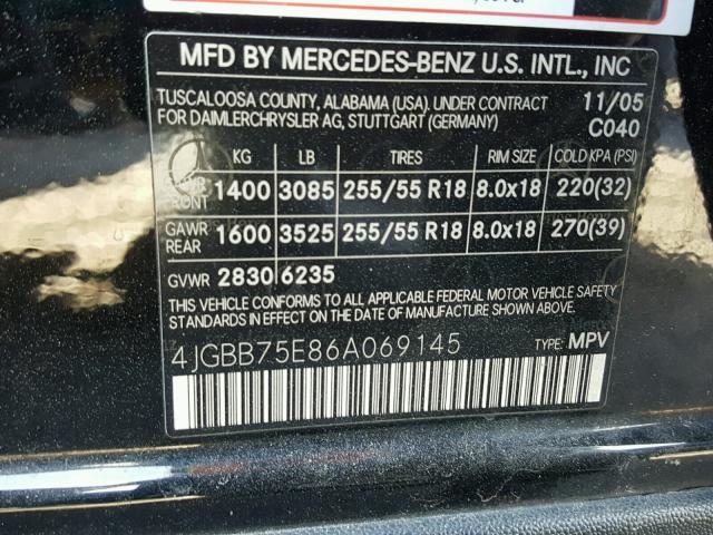 4JGBB75E86A069145 - 2006 MERCEDES-BENZ ML 500 BLACK photo 10