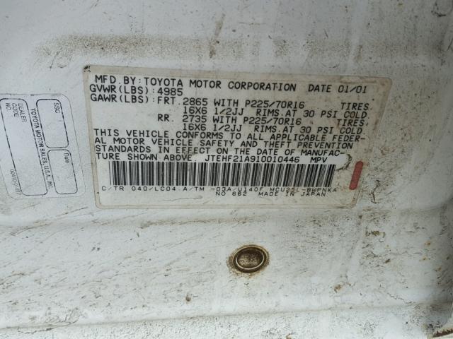 JTEHF21A910010446 - 2001 TOYOTA HIGHLANDER WHITE photo 10