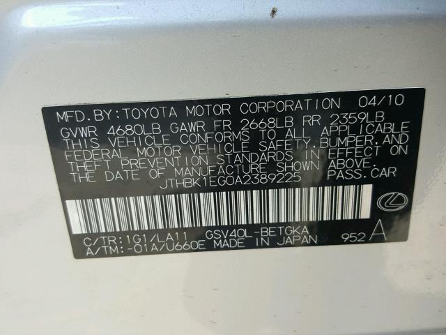 JTHBK1EG0A2389225 - 2010 LEXUS ES 350 SILVER photo 10