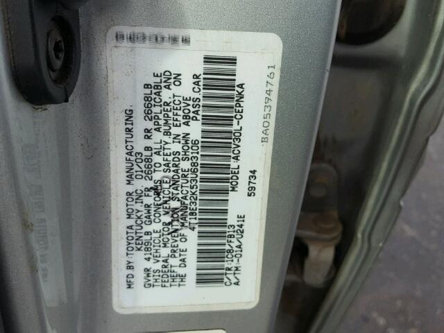 4T1BE32K53U683106 - 2003 TOYOTA CAMRY LE SILVER photo 10