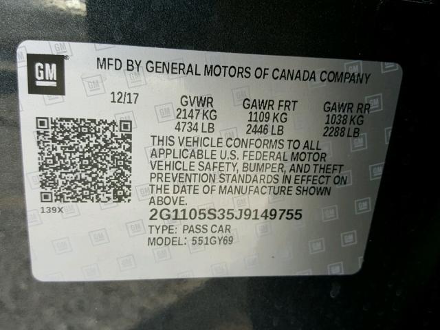 2G1105S35J9149755 - 2018 CHEVROLET IMPALA LT GRAY photo 10