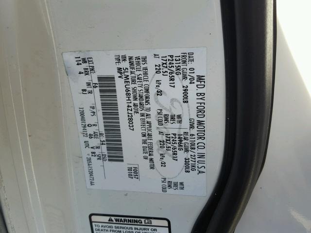 5LMEU68H14ZJ28037 - 2004 LINCOLN AVIATOR 白色 照片 10