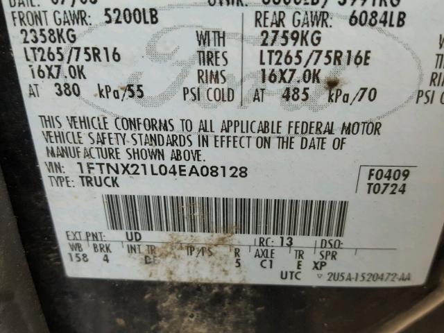 1FTNX21L04EA08128 - 2004 FORD F250 SUPER BLACK photo 10