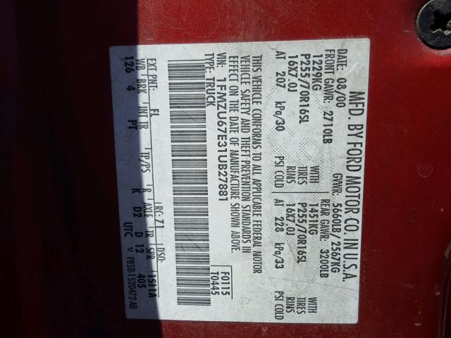 1FMZU67E31UB27881 - 2001 FORD EXPLORER S RED photo 10