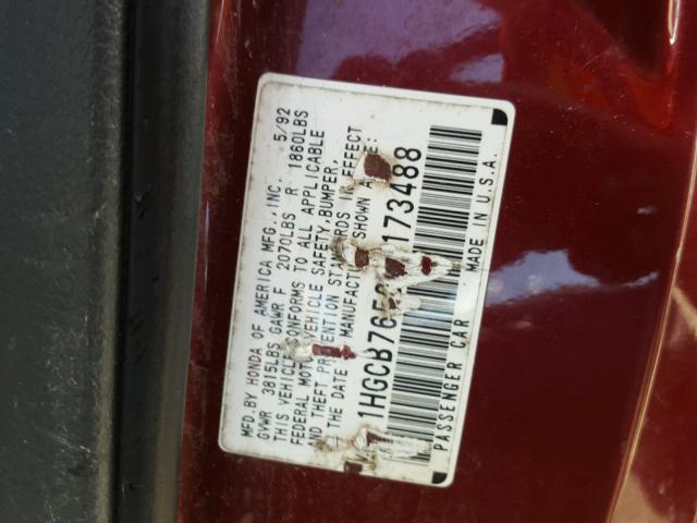 1HGCB7650NA173488 - 1992 HONDA ACCORD LX RED photo 10