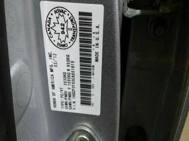 1HGCP2F80CA801819 - 2012 HONDA ACCORD EXL SILVER photo 10