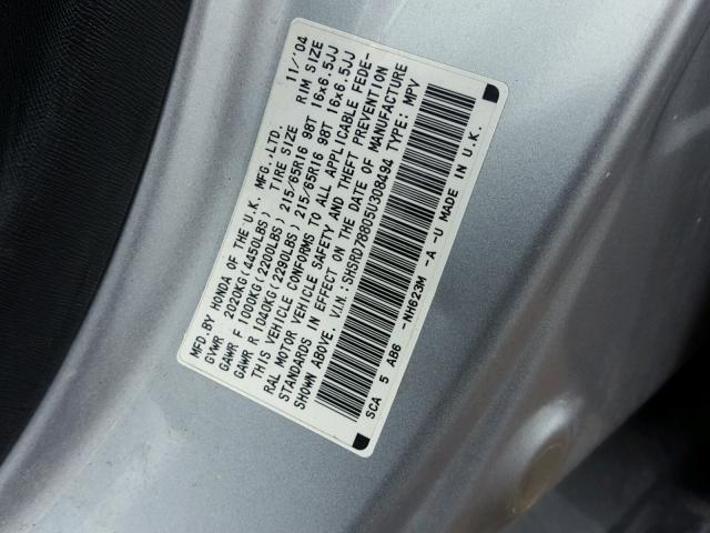 SHSRD78805U308494 - 2005 HONDA CR-V EX SILVER photo 10