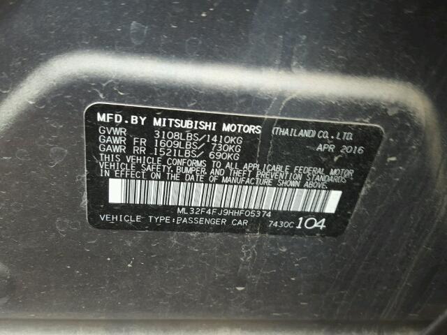 ML32F4FJ9HHF05374 - 2017 MITSUBISHI MIRAGE G4 CHARCOAL photo 10