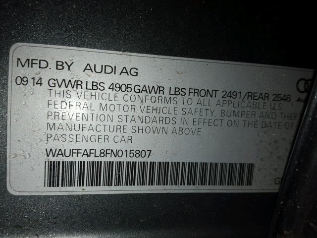 WAUFFAFL8FN015807 - 2015 AUDI A4 PREMIUM GRAY photo 10