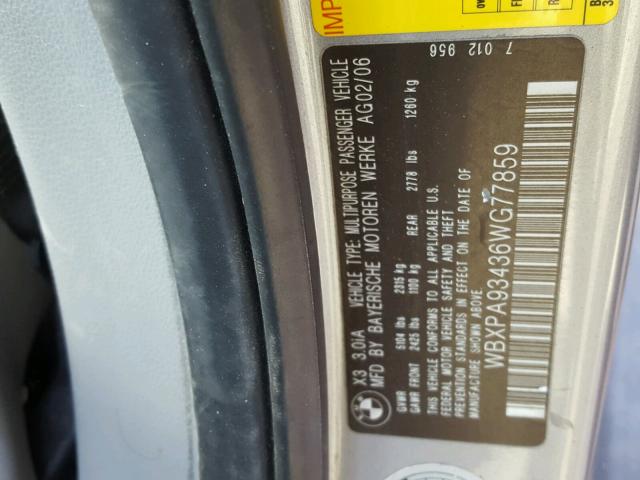 WBXPA93436WG77859 - 2006 BMW X3 3.0I SILVER photo 10