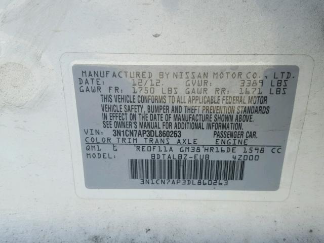 3N1CN7AP3DL860263 - 2013 NISSAN VERSA S WHITE photo 10