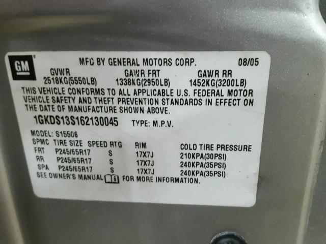 1GKDS13S162130045 - 2006 GMC ENVOY SILVER photo 10