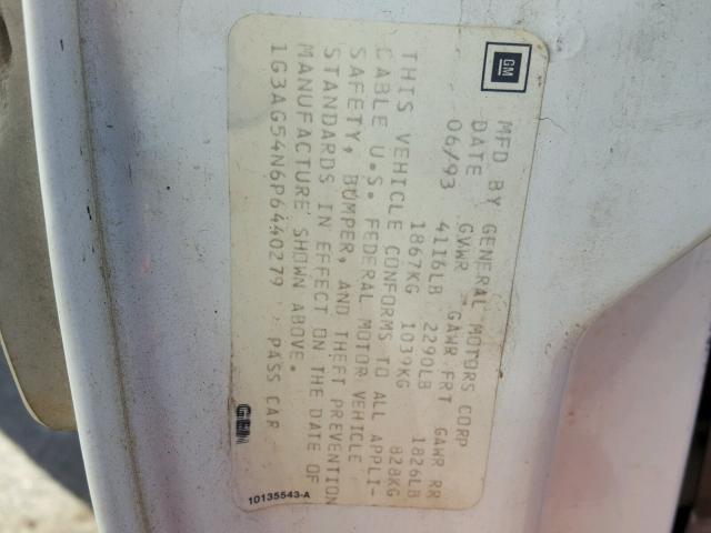 1G3AG54N6P6440279 - 1993 OLDSMOBILE CUTLASS CI WHITE photo 10