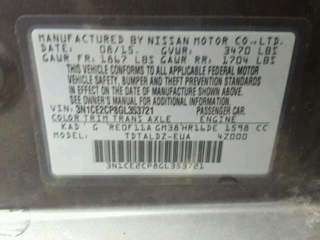 3N1CE2CP8GL353721 - 2016 NISSAN VERSA NOTE GRAY photo 10