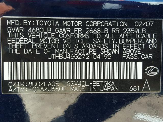 JTHBJ46G272104195 - 2007 LEXUS ES 350 CHARCOAL photo 10