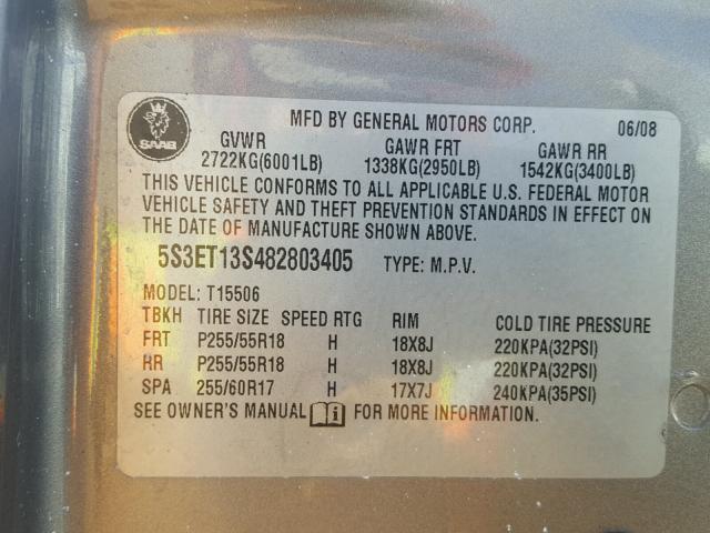 5S3ET13S482803405 - 2008 SAAB 9-7X 4.2I GRAY photo 10