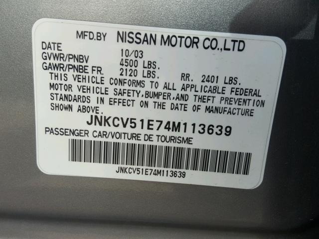 JNKCV51E74M113639 - 2004 INFINITI G35 SILVER photo 10