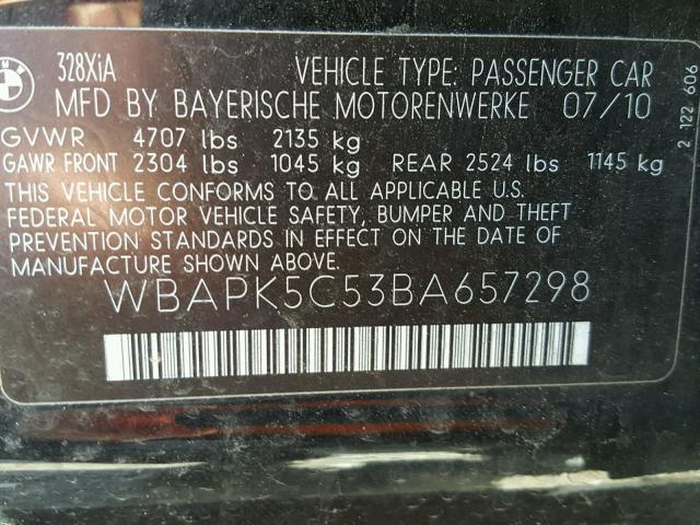 WBAPK5C53BA657298 - 2011 BMW 328 XI SUL BLACK photo 10