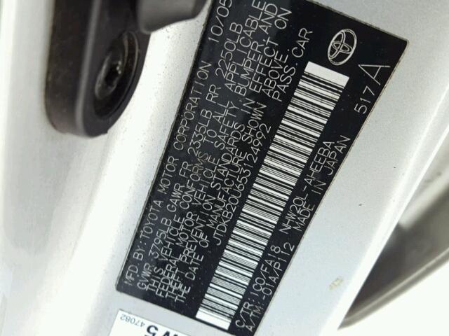 JTDKB20U653124992 - 2005 TOYOTA PRIUS SILVER photo 10