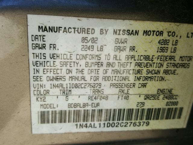 1N4AL11D02C276379 - 2002 NISSAN ALTIMA BAS BROWN photo 10