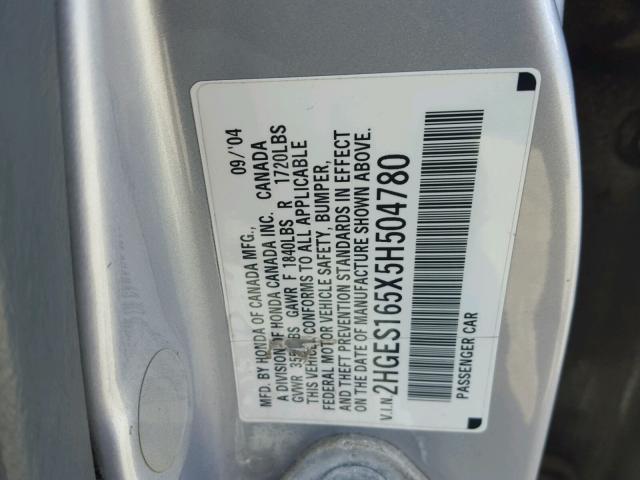 2HGES165X5H504780 - 2005 HONDA CIVIC LX SILVER photo 10