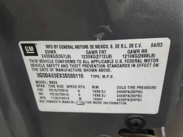 3G5DA03EX3S589116 - 2003 BUICK RENDEZVOUS GRAY photo 10