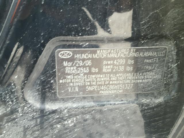 5NPEU46C86H151327 - 2006 HYUNDAI SONATA GLS BLACK photo 10