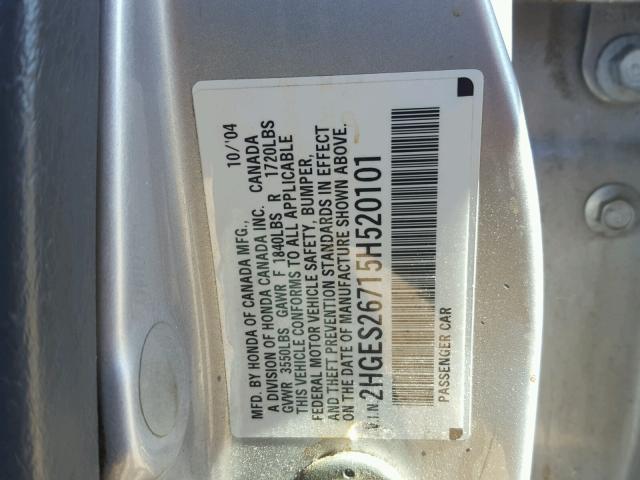 2HGES26715H520101 - 2005 HONDA CIVIC EX SILVER photo 10