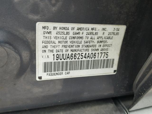 19UUA66254A061775 - 2004 ACURA TL CHARCOAL photo 10