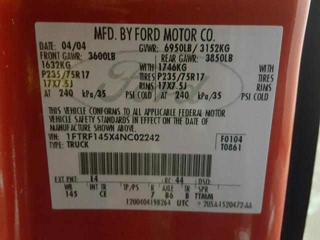 1FTRF145X4NC02242 - 2004 FORD F150 RED photo 10