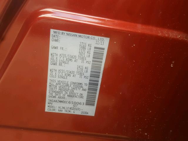 5N1AR2MM0EC650063 - 2014 NISSAN PATHFINDER RED photo 10