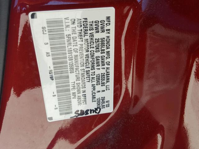 5FNRL18913B135856 - 2003 HONDA ODYSSEY EX RED photo 10